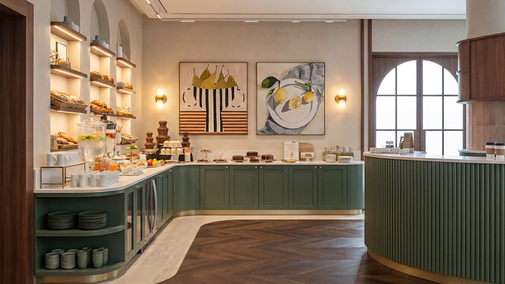 Bespoke joinery and buffet counters manufactured by Construct Furniture for the All Day Dining restaurant at Hard Rock Hotel Malta.