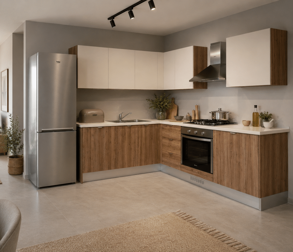 Custom L-shaped kitchen included in the Construct Furniture Complete Home Package