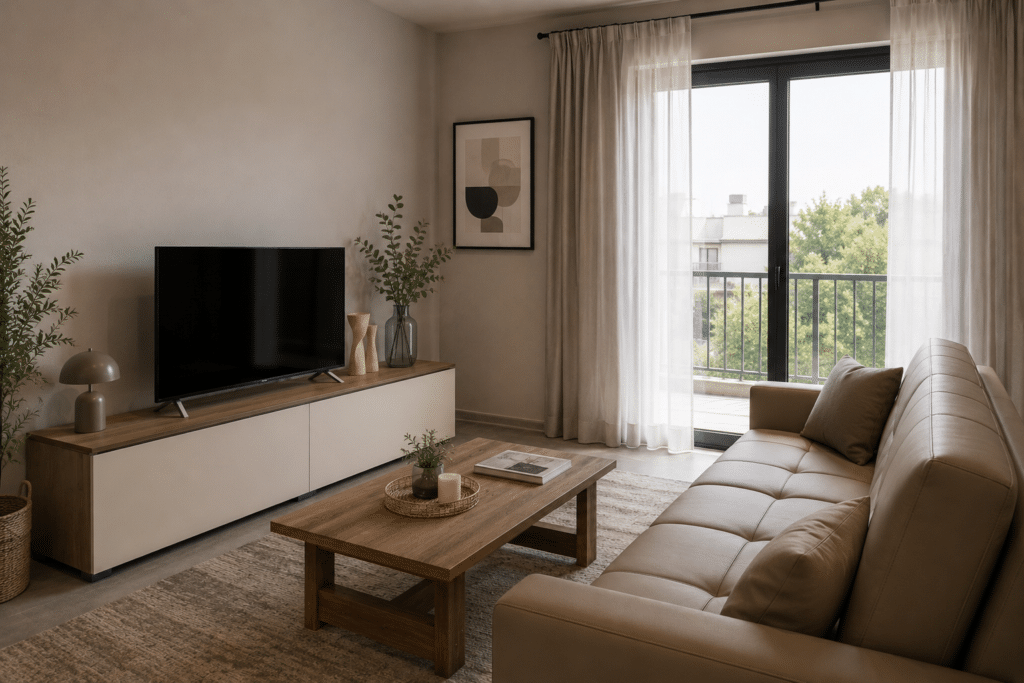 Living room furniture with TV unit, coffee table and sofa bed included in the Complete Home Package