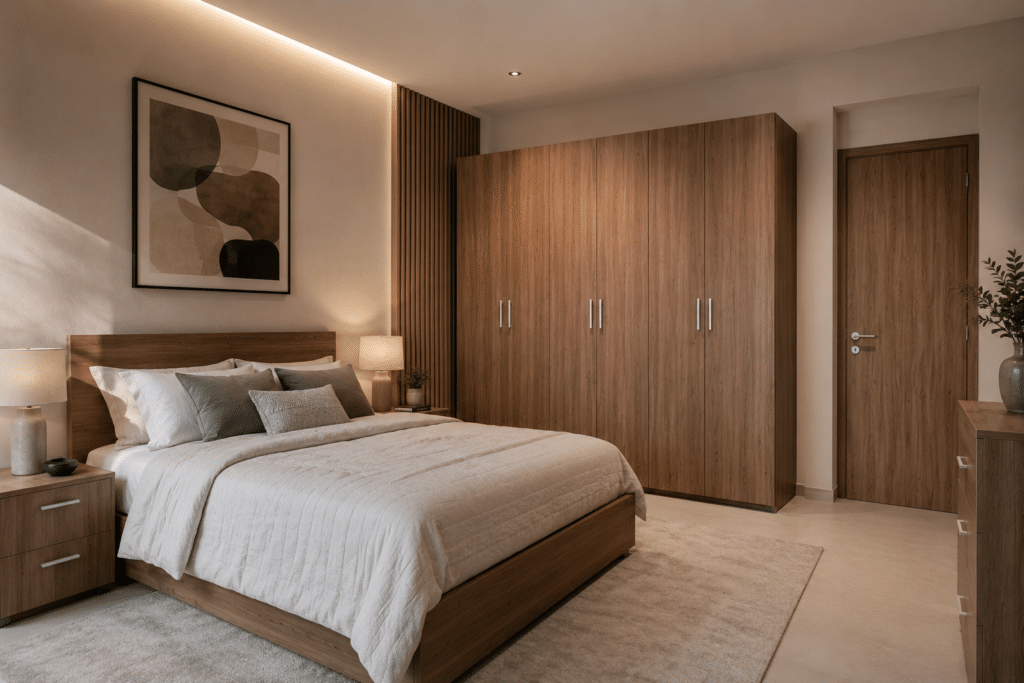 Mozart main bedroom furniture with 150 × 190cm storage bed, and wardrobe