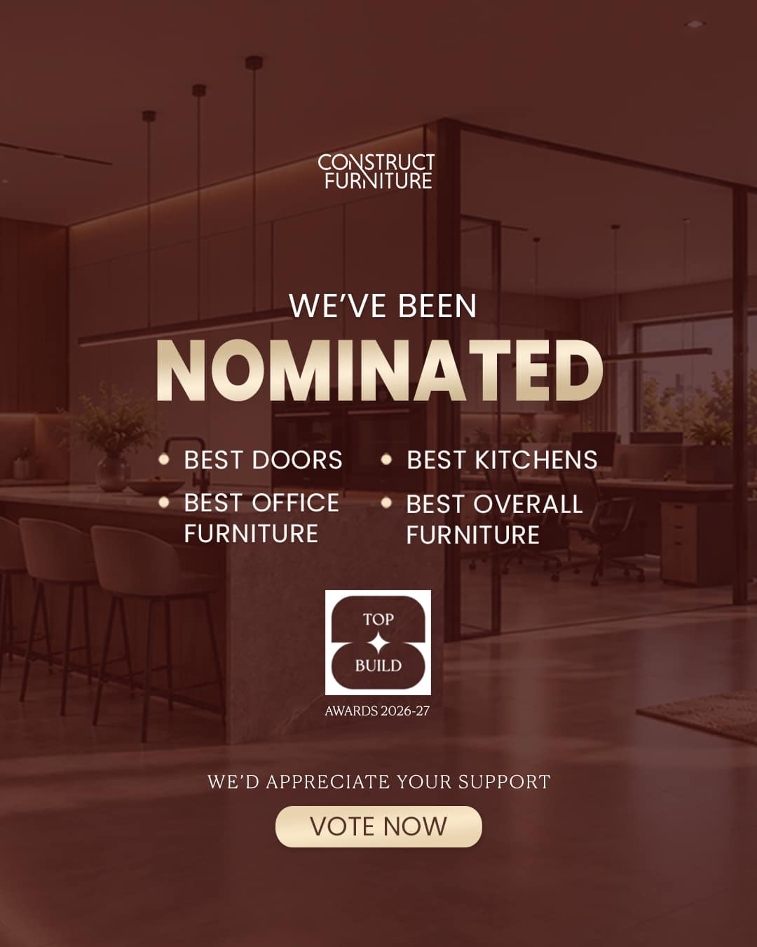 Construct Furniture nominated in four categories at the Top Build Awards 2026–27-vote-now